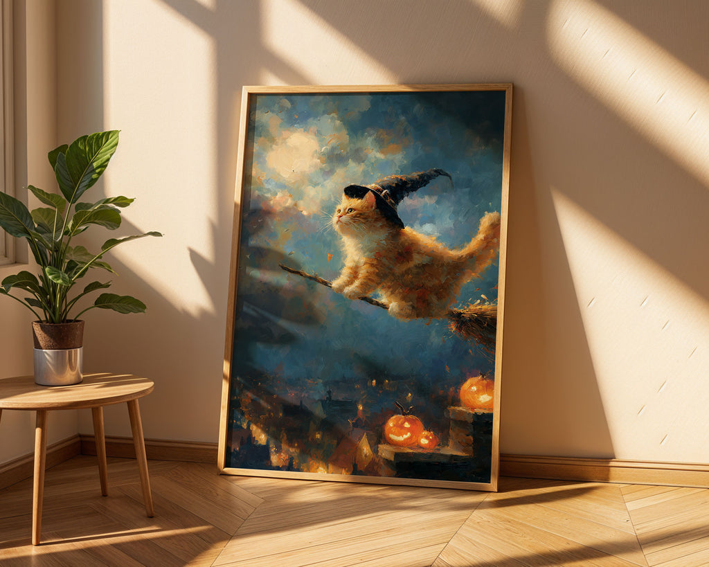 SKU PP-EAM-A4 - White framed wizard cat print on pale wall