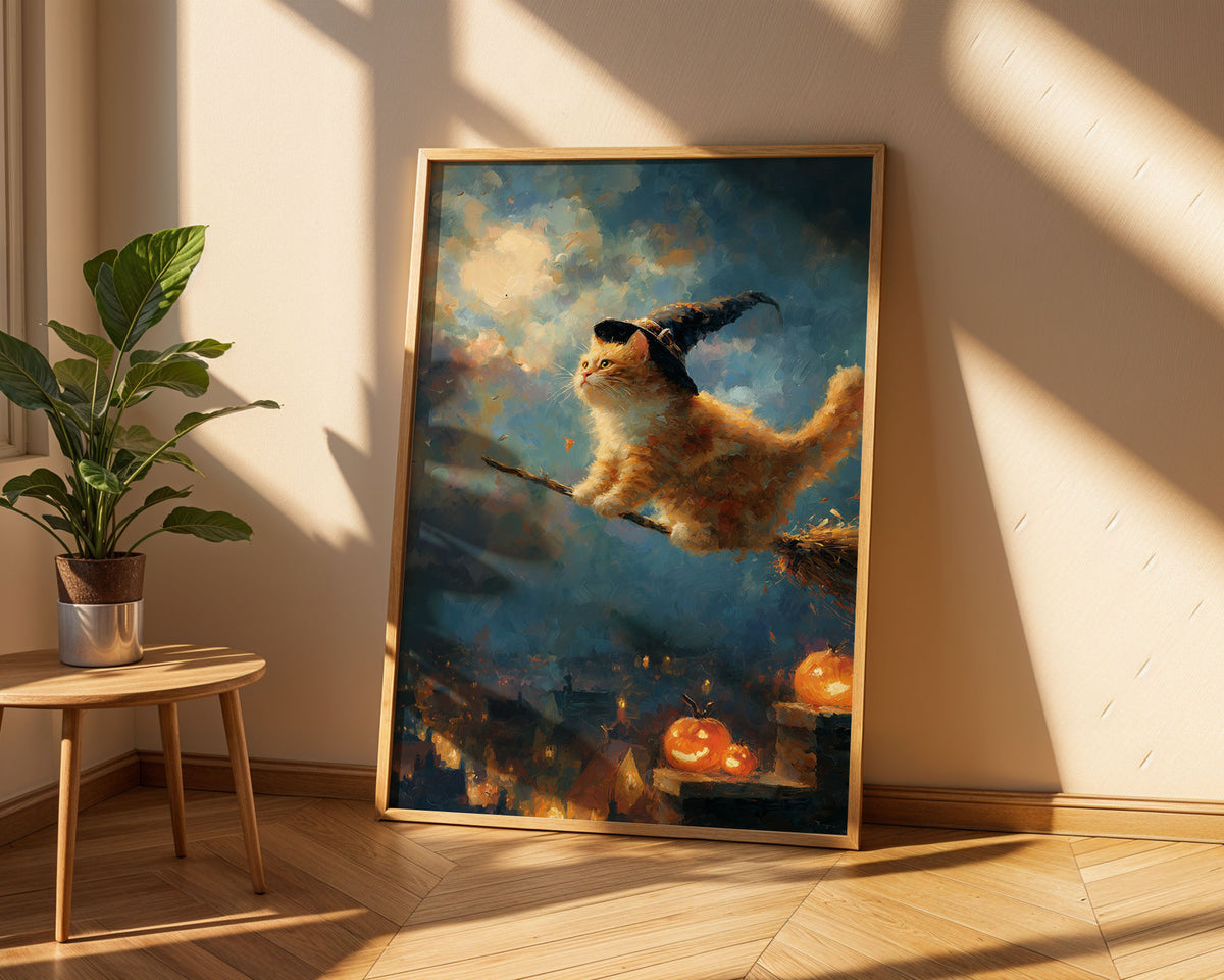 SKU PP-EAM-A4 - White framed wizard cat print on pale wall