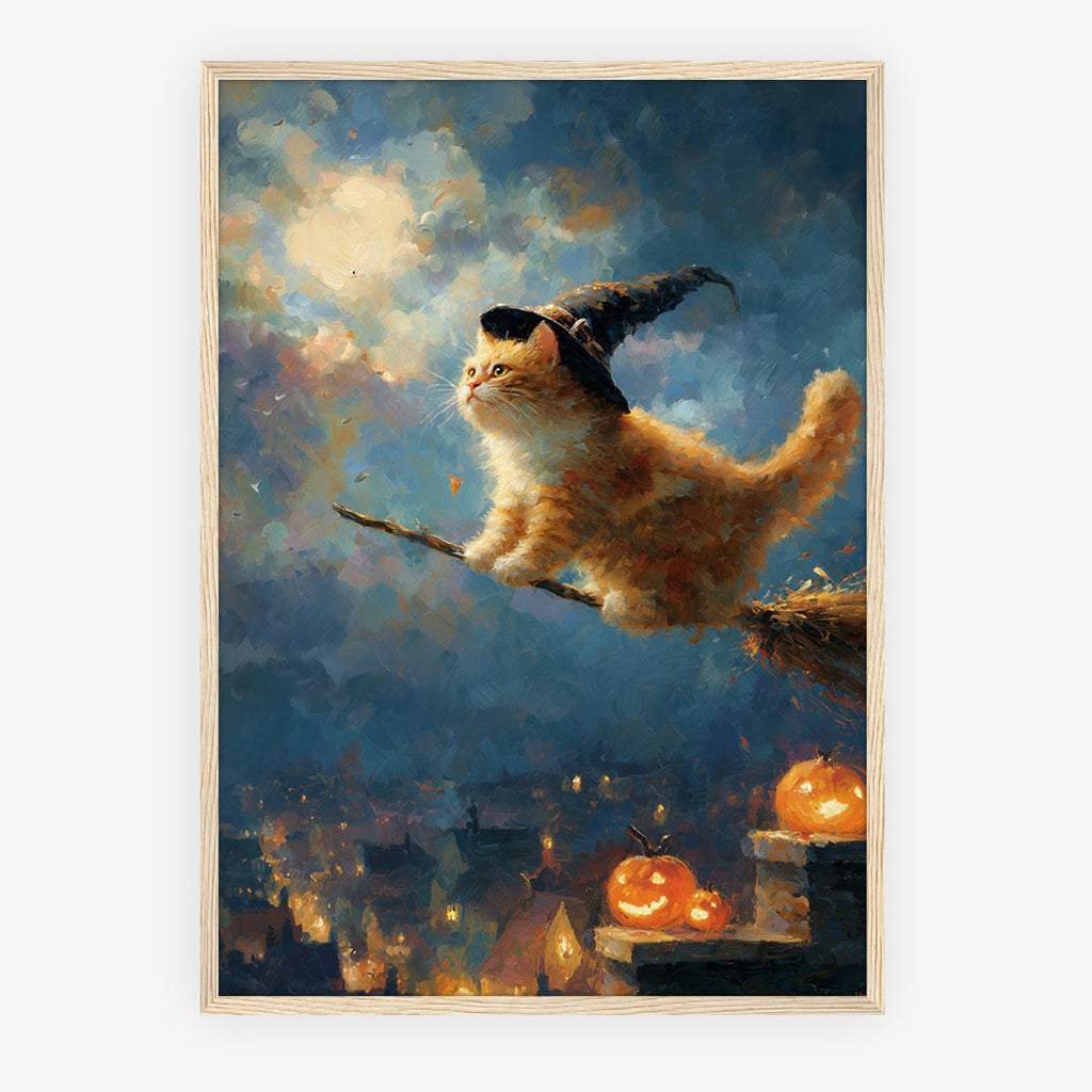 SKU PP-EAM-A4 - Unframed matte poster of magical flying cat with wizard hat