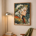 A-Sized Bedroom Portrait - Woman's profile with white hair adorned with autumn florals on a teal background