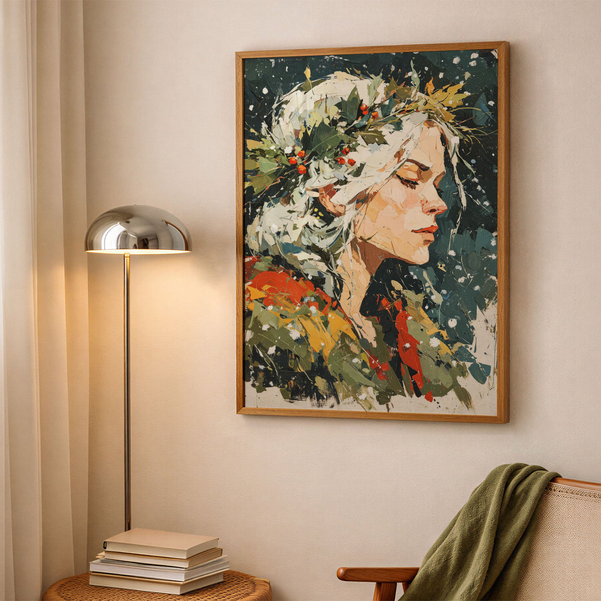A-Sized Bedroom Portrait - Woman's profile with white hair adorned with autumn florals on a teal background