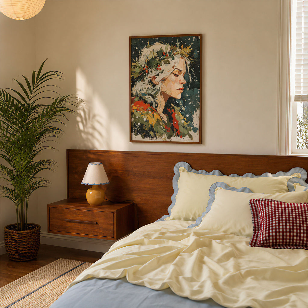 A-Sized Bedroom Portrait - Abstract portrait featuring white hair, golden leaves, and red berries in contemporary style