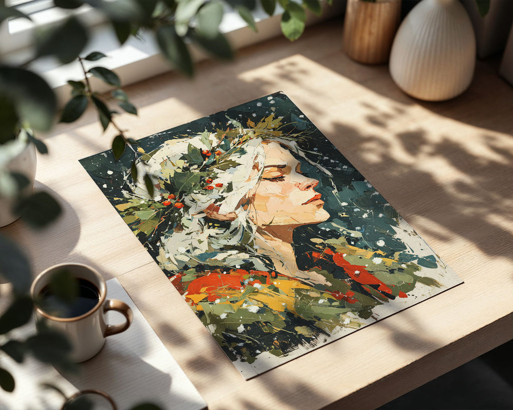 A-Sized Bedroom Portrait - Modern artistic portrait with painterly brushstrokes and vibrant botanical elements