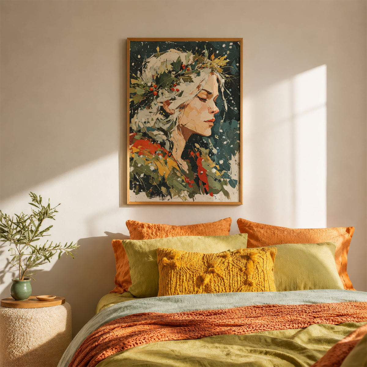 A-Sized Bedroom Portrait - Expressive woman's face surrounded by white flowers and autumn foliage art