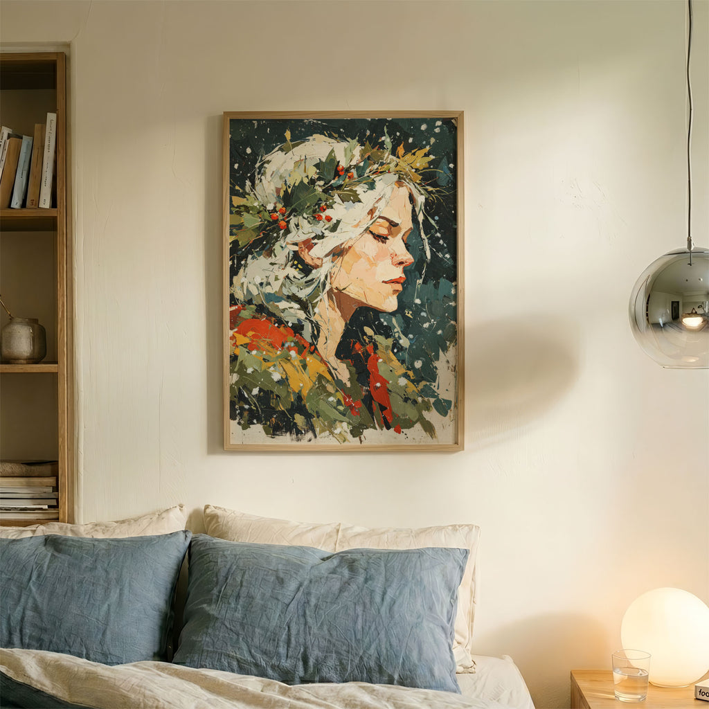 A-Sized Bedroom Portrait - Teal background with botanical portrait showing delicate florals and dynamic colour