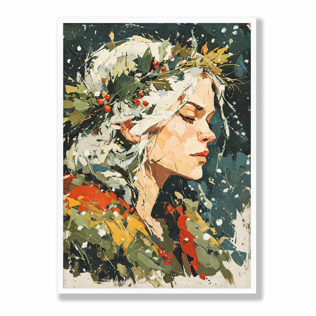 A-Sized Bedroom Portrait - Artistic woman's profile with winter florals and splashes of colour detail