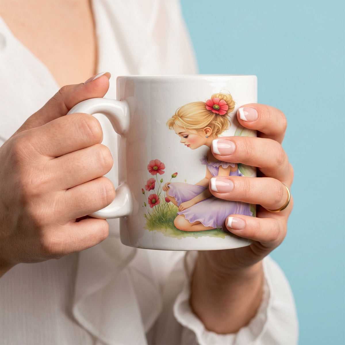 White Ceramic 11oz Mug - Three fairy girls with golden hair and translucent wings wearing purple dresses amid coral poppies