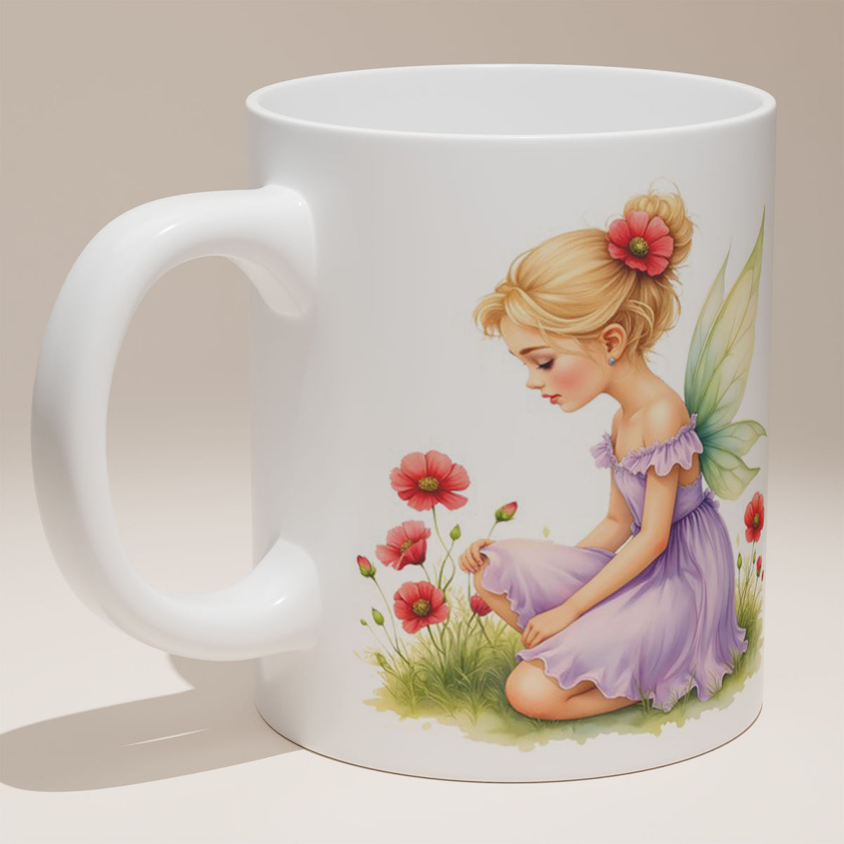 White Ceramic 11oz Mug - Whimsical illustration of fairies with flowers in soft watercolour style