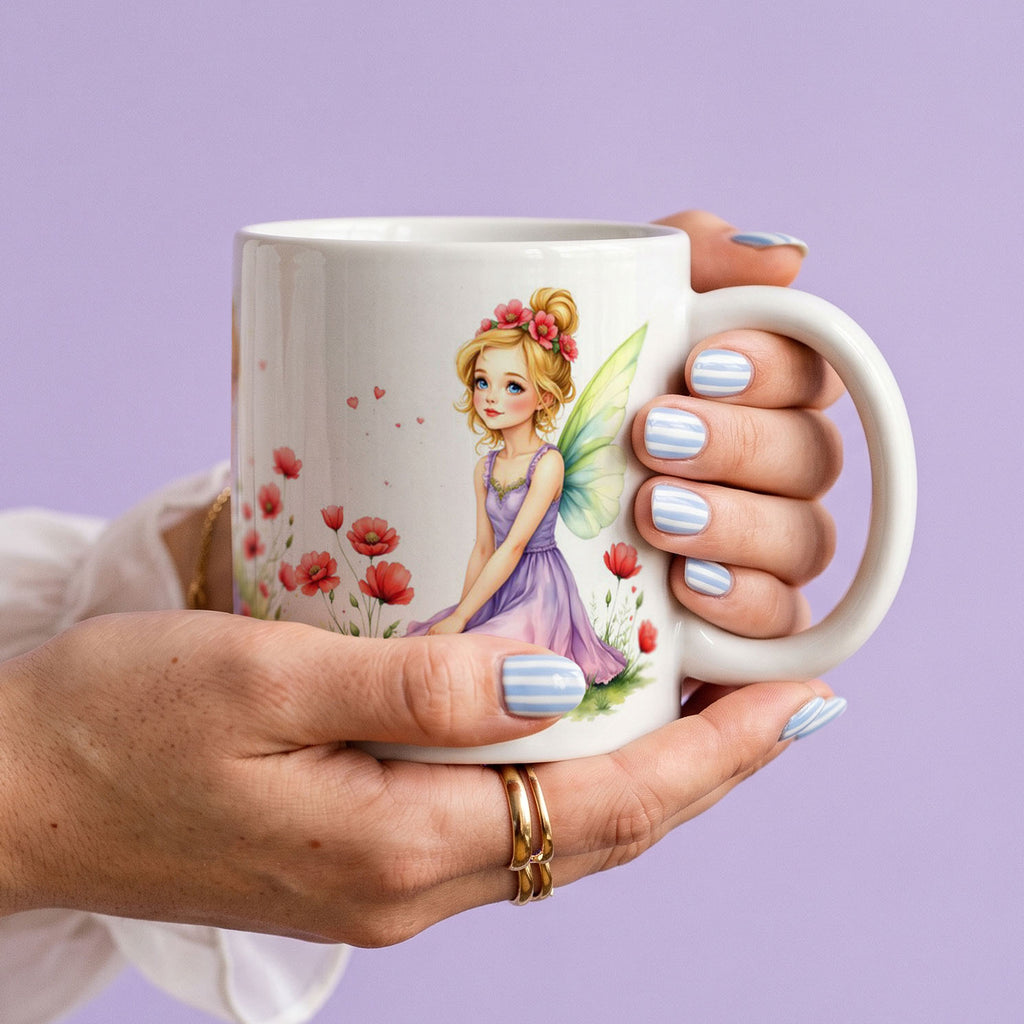 White Ceramic 11oz Mug - Fantasy fairy girls surrounded by red and coral flowers in meadow