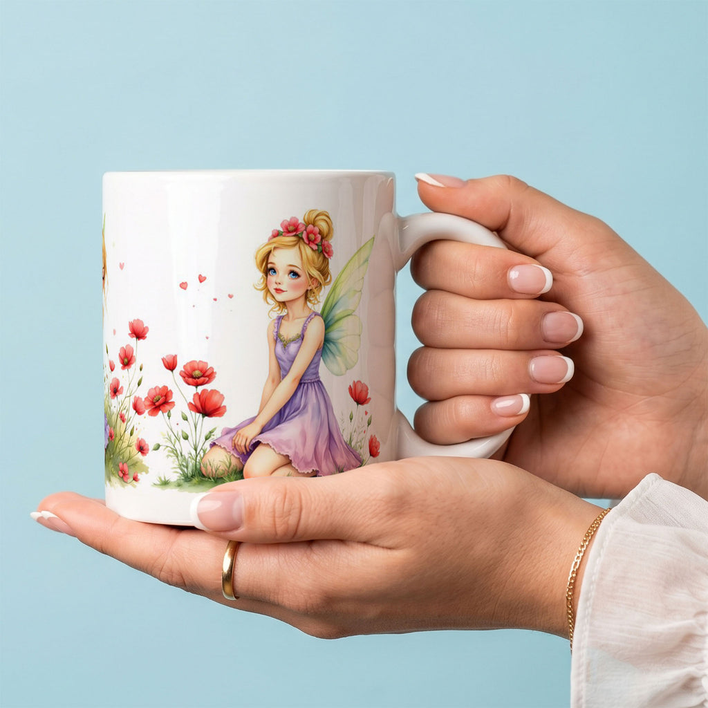 White Ceramic 11oz Mug - Storybook-style fairy illustration with golden hair and floral crowns