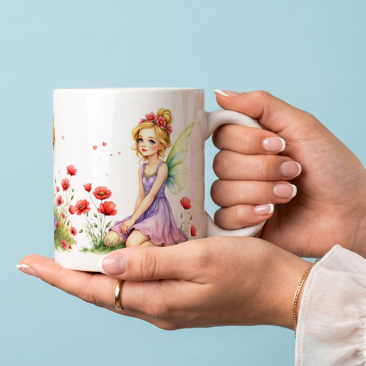 White Ceramic 11oz Mug - Storybook-style fairy illustration with golden hair and floral crowns