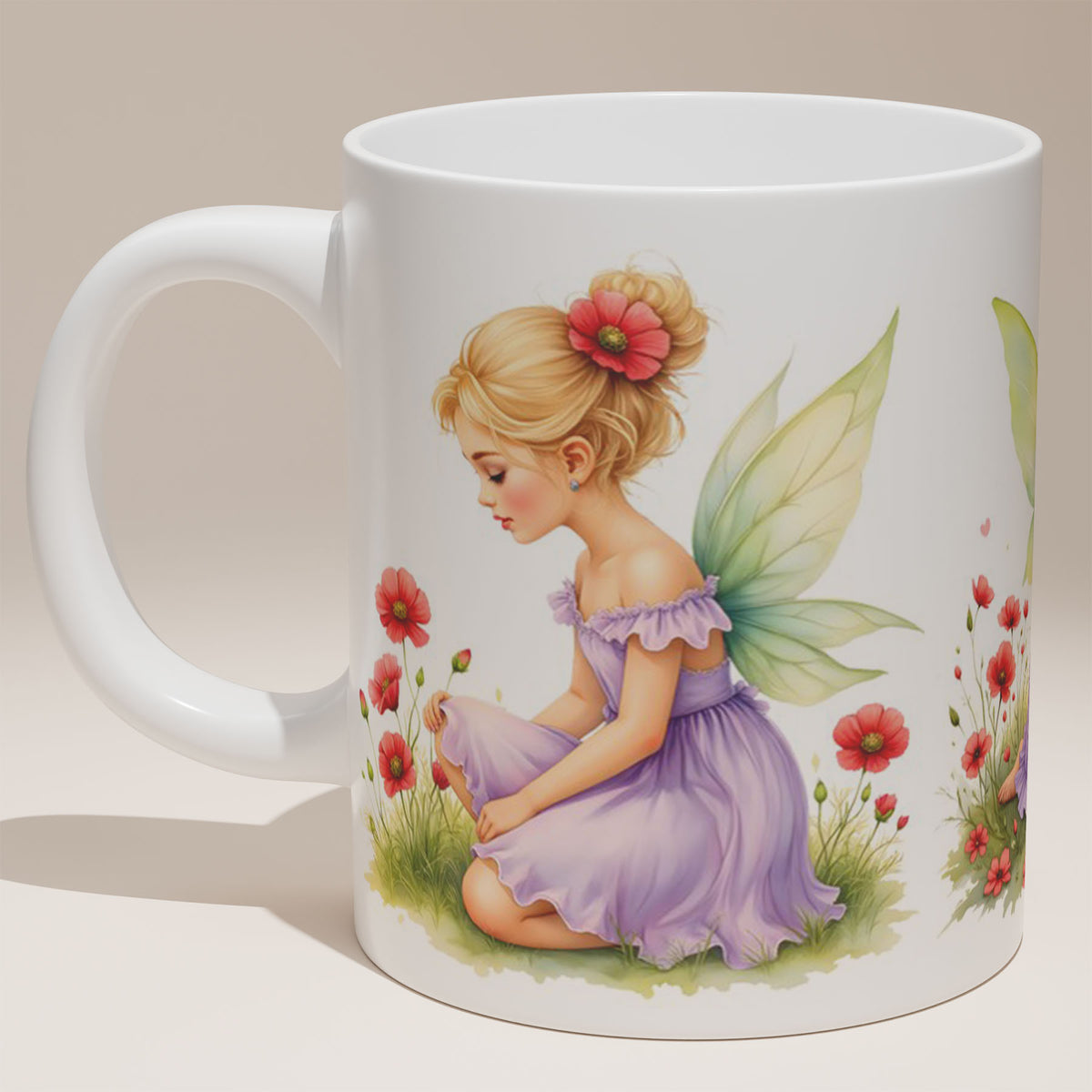 White Ceramic 11oz Mug - Enchanting fairy design with translucent wings and flower meadow scene