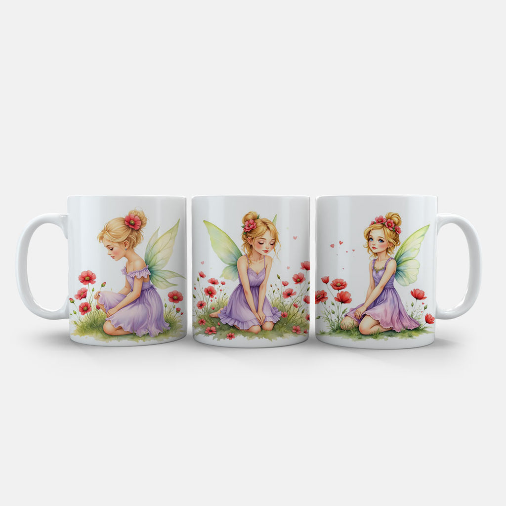 White Ceramic 11oz Mug - Magical fairy girls artwork in watercolour with poppies and foliage