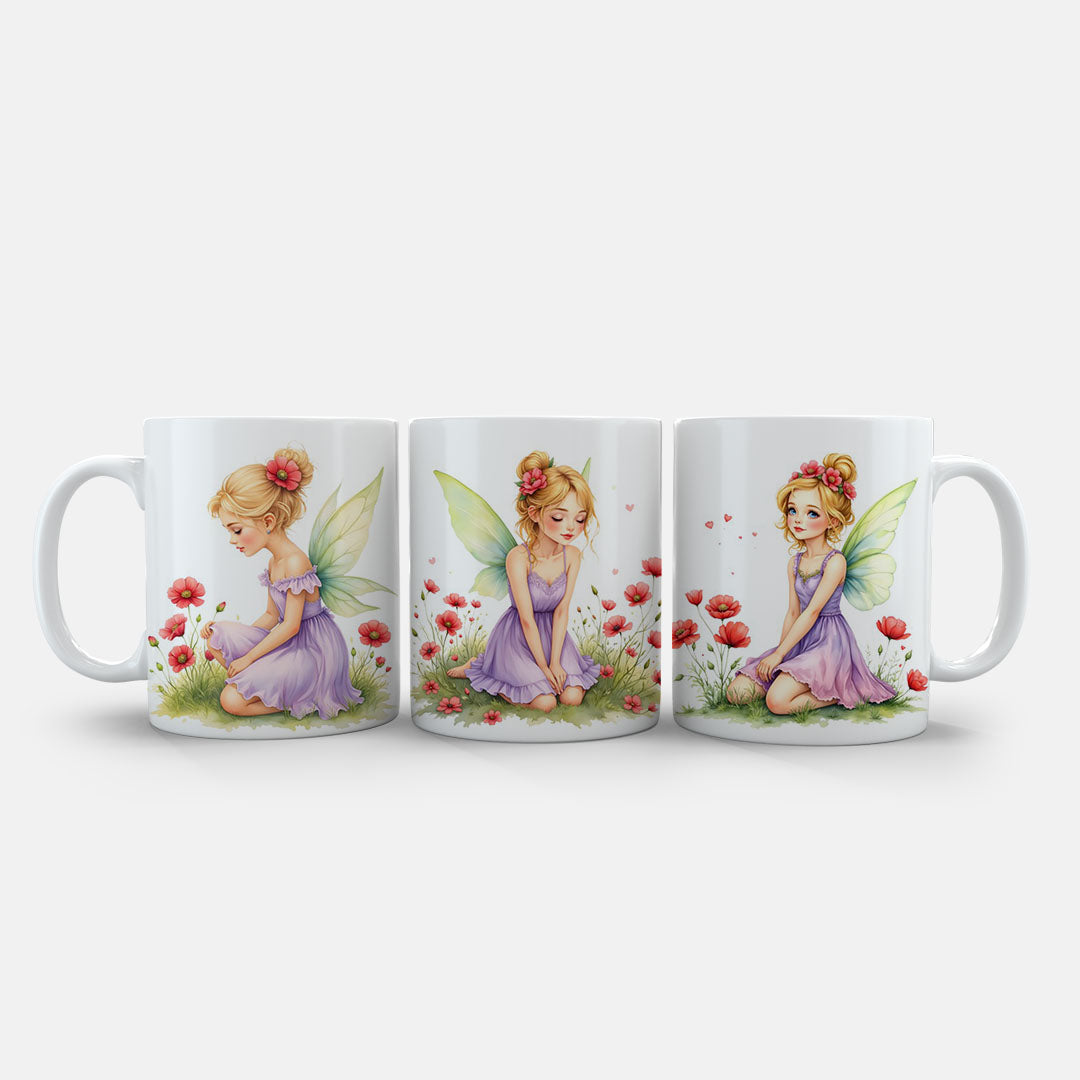 White Ceramic 11oz Mug - Magical fairy girls artwork in watercolour with poppies and foliage