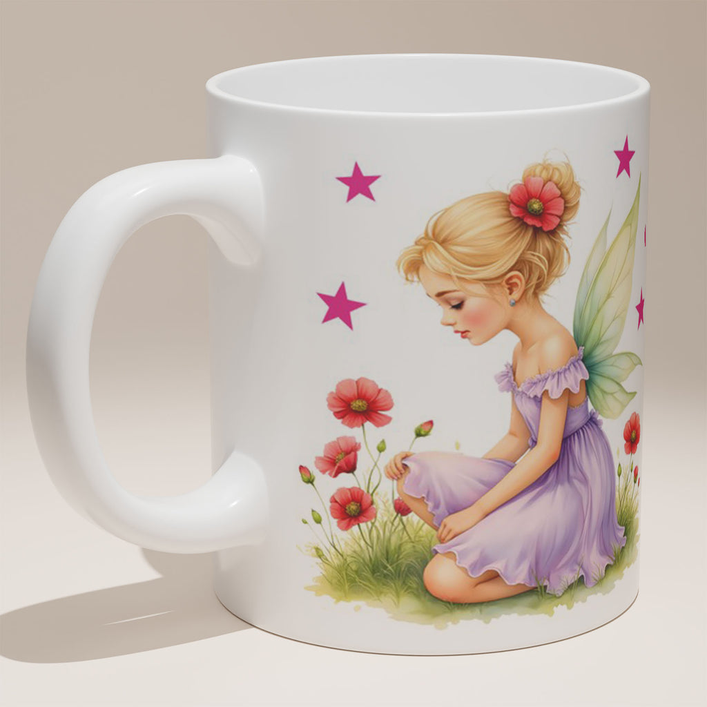 White Ceramic 11oz Mug - Whimsical design with three fairies among red poppies, stars and pink hearts