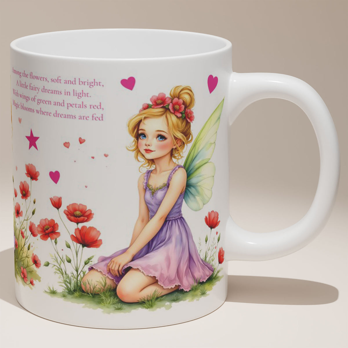 White Ceramic 11oz Mug - Delicate fairy illustration with watercolour flowers and magical woodland scene