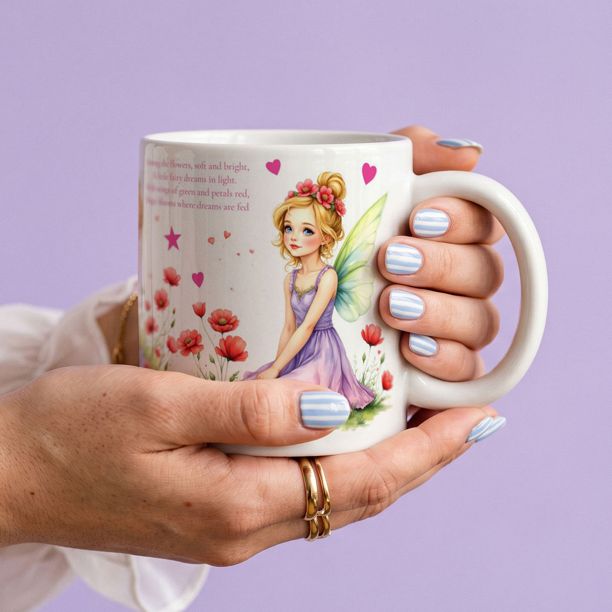 White Ceramic 11oz Mug - Pretty pastel fairy tale design with blonde fairies and vibrant red blooms