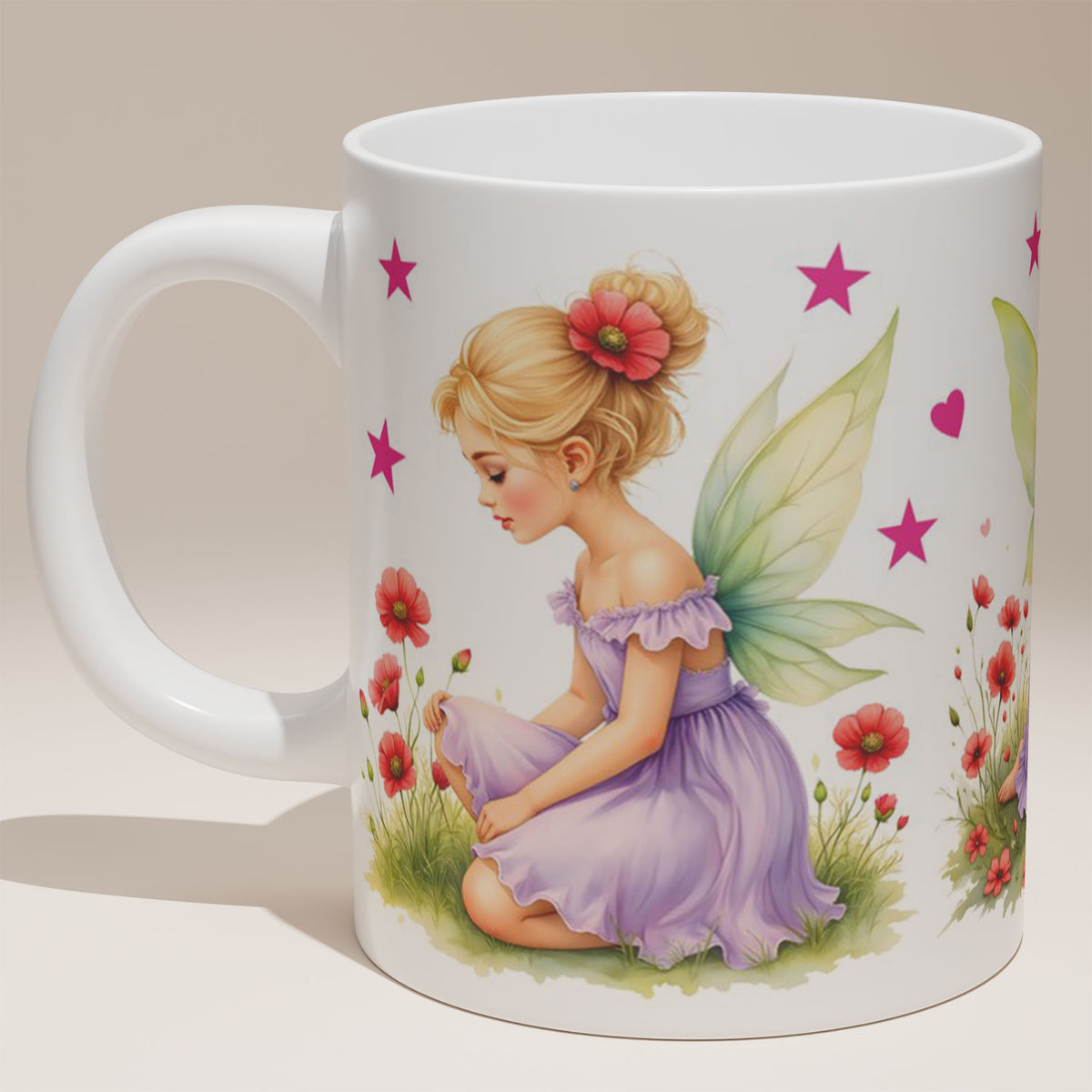 White Ceramic 11oz Mug - Fantasy fairy flower mug with storybook-style illustrations and dreamy colours
