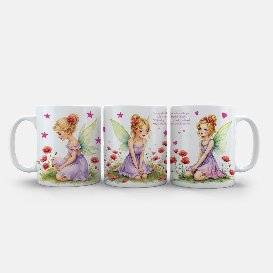White Ceramic 11oz Mug - Children's fairy design featuring magical woodland characters among wildflowers