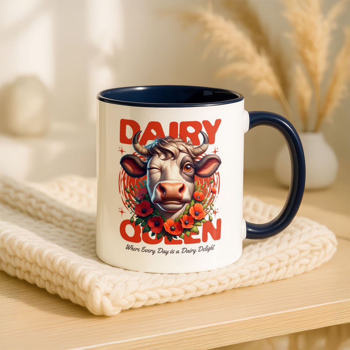 11oz Ceramic Mug Blue - Farm-themed mug with golden-horned cow and cottage garden flowers