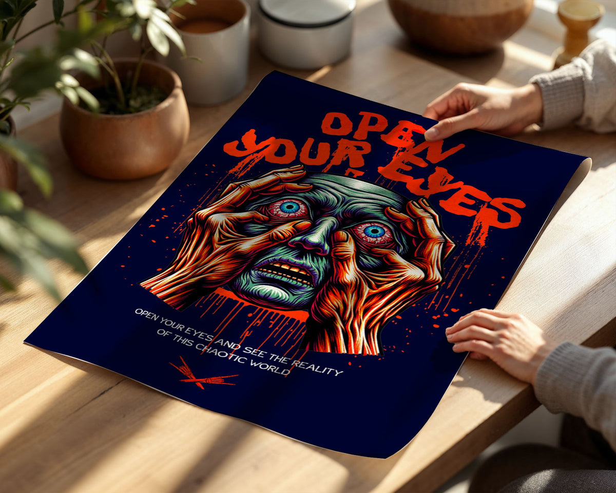 Lifestyle Posters A4 - Dark surreal face print with golden hands and dripping paint effects