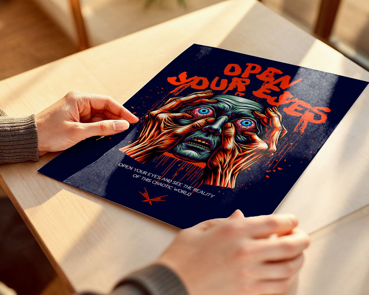 Lifestyle Posters A4 - Contemporary horror art featuring vibrant orange lettering and haunting portrait