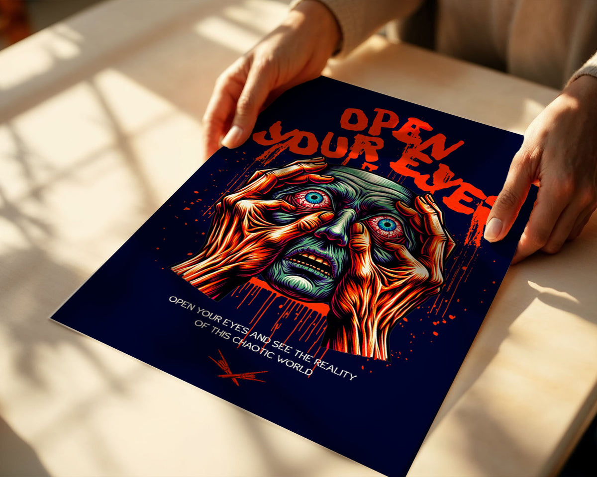 Lifestyle Posters A4 - Edgy surrealism poster with bloodshot eyes and philosophical text overlay