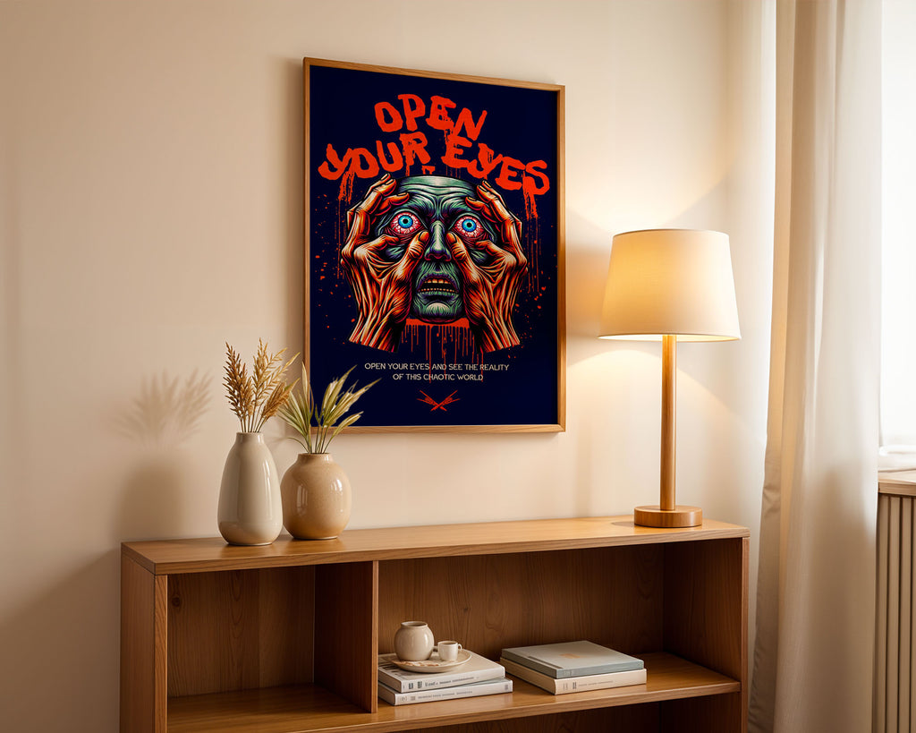 Lifestyle Posters A4 - Gothic wall art showing expressive face with intense blue and red tones