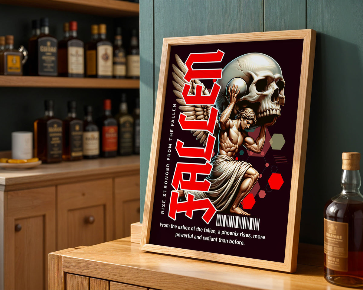Lifestyle Posters - Rise Stronger from the Fallen poster displaying bold red text with classical winged figure on deep burgun