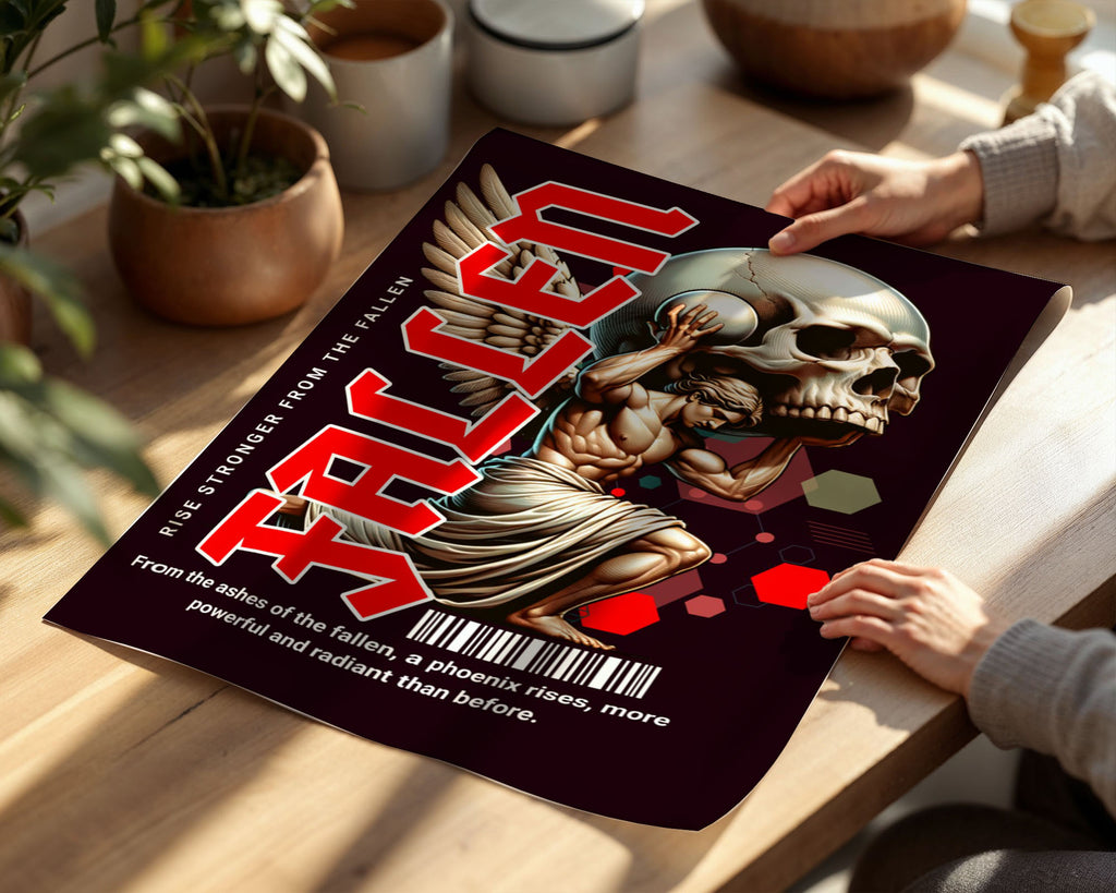 Lifestyle Posters - Close-up of motivational Rise poster showing metallic gold anatomical figure and geometric shapes on dark