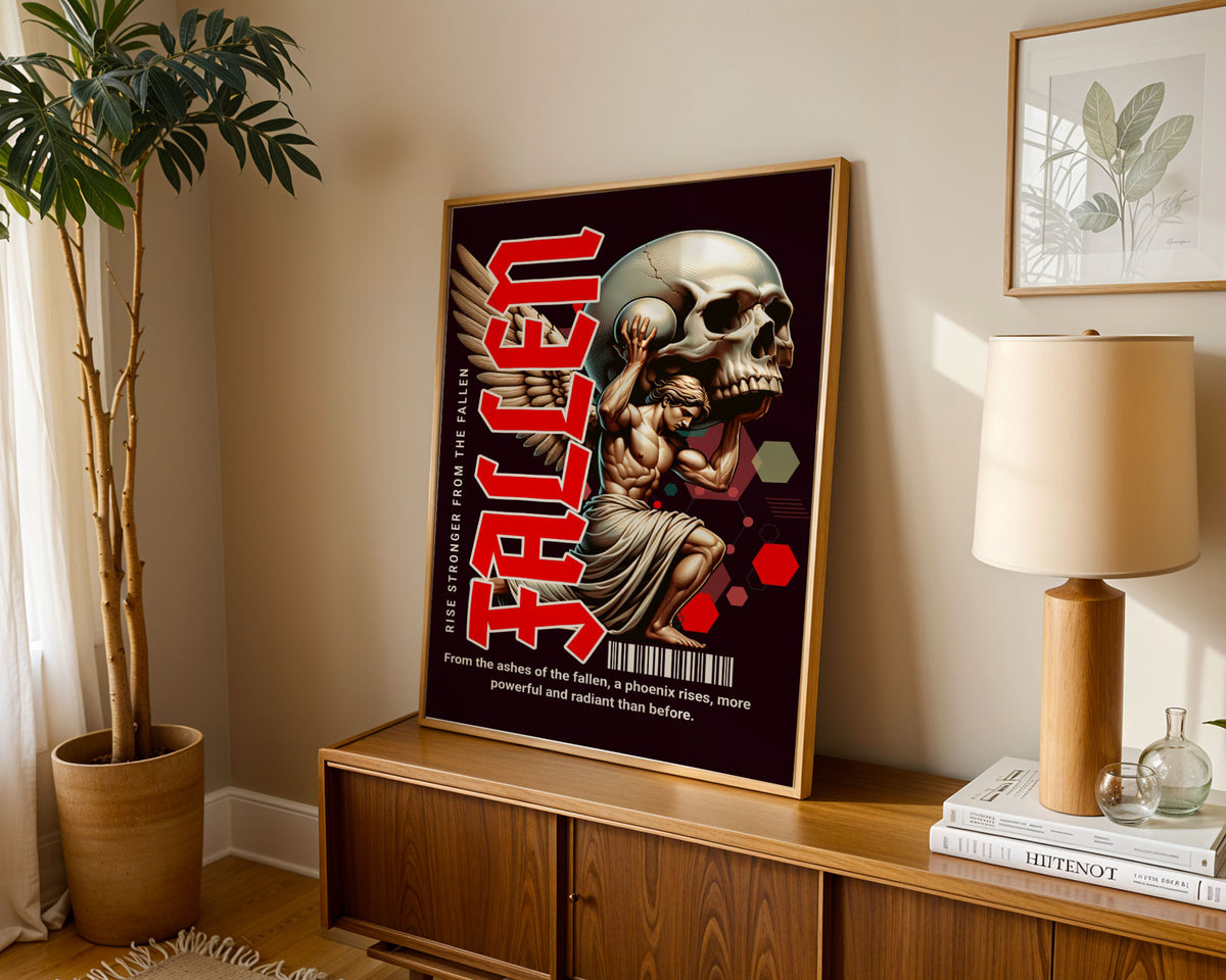 Lifestyle Posters - Motivational Rise art print showing classical angel figure and red geometric accents on burgundy