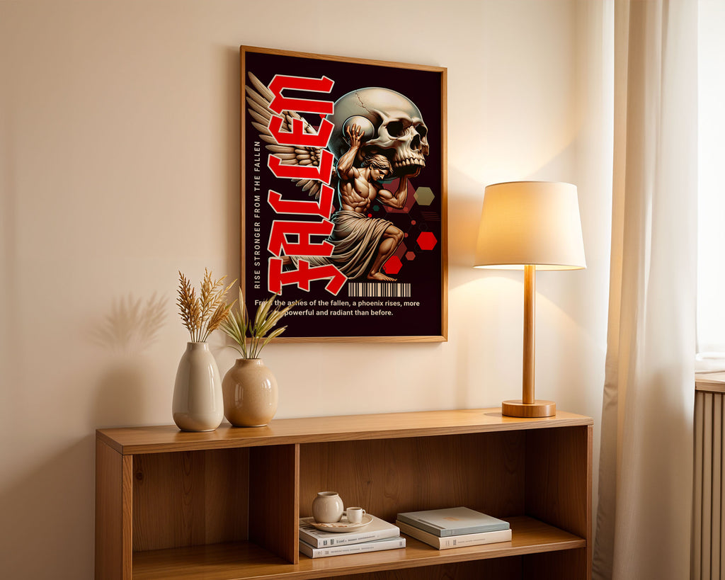 Lifestyle Posters - Unframed Rise Stronger poster leaning against wall demonstrating bold graphic design