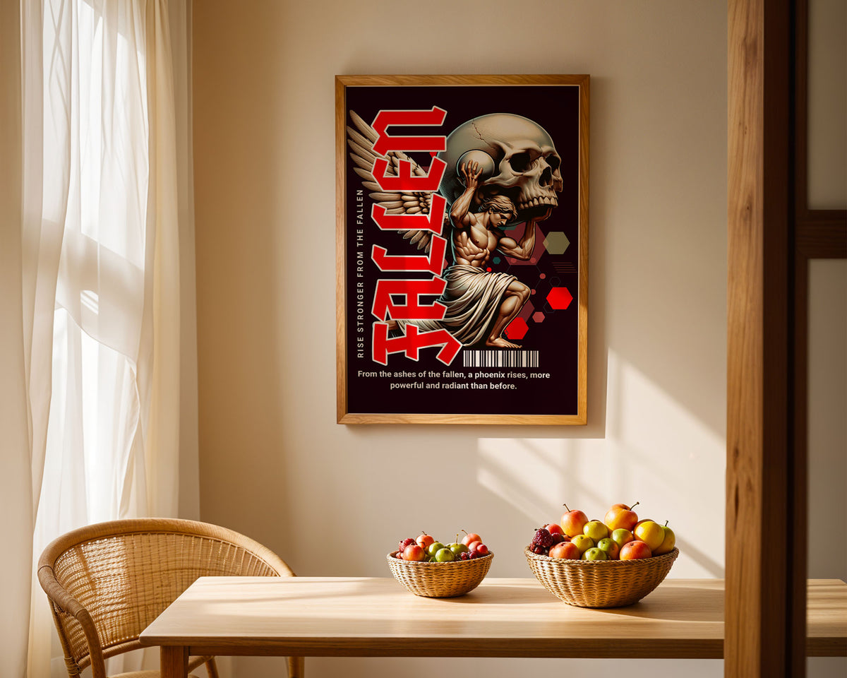 Lifestyle Posters - Resilience-themed Rise poster displaying phoenix symbolism and classical artistic elements