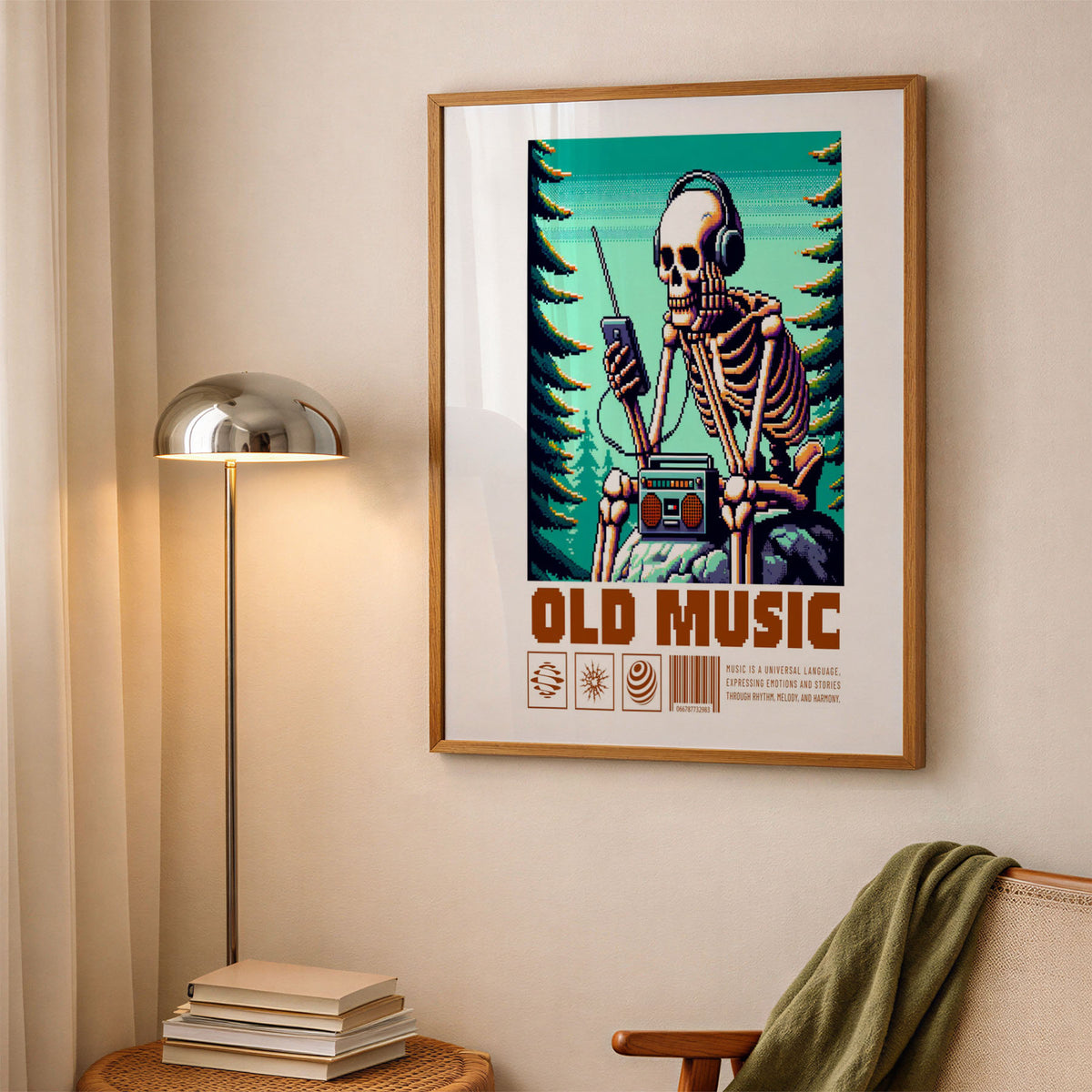 A4 Bedroom Poster - Skeleton wearing headphones and gaming controller in pixel art style with forest backdrop
