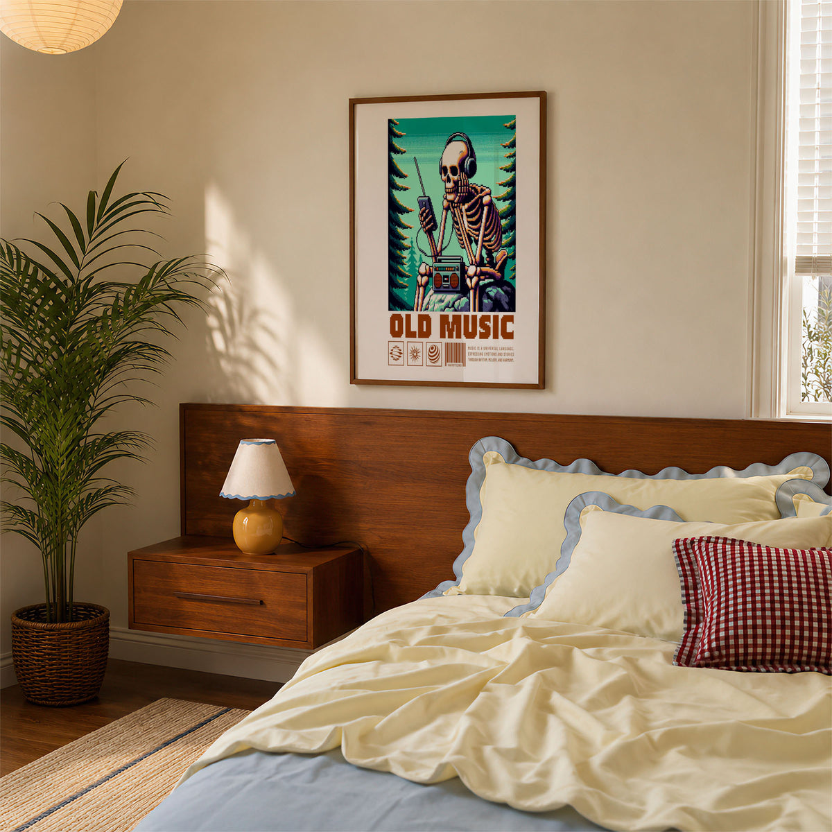 A4 Bedroom Poster - Retro pixel art skeleton gamer surrounded by pine trees and turquoise sky