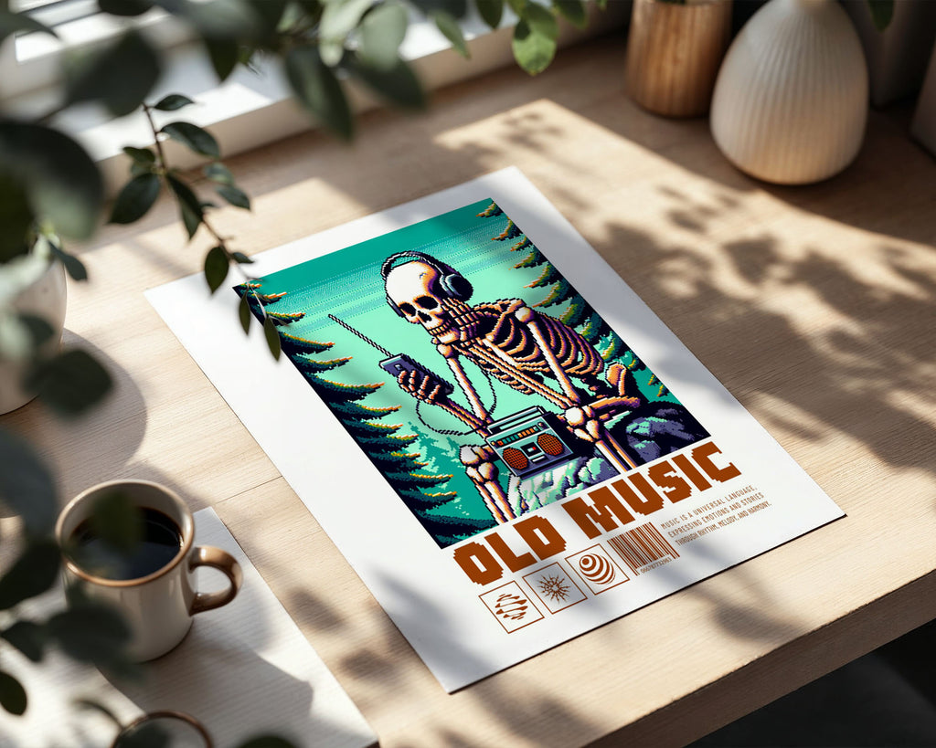 A4 Bedroom Poster - Vintage video game skeleton with gaming aesthetic and 'OLD MUSIC' text below