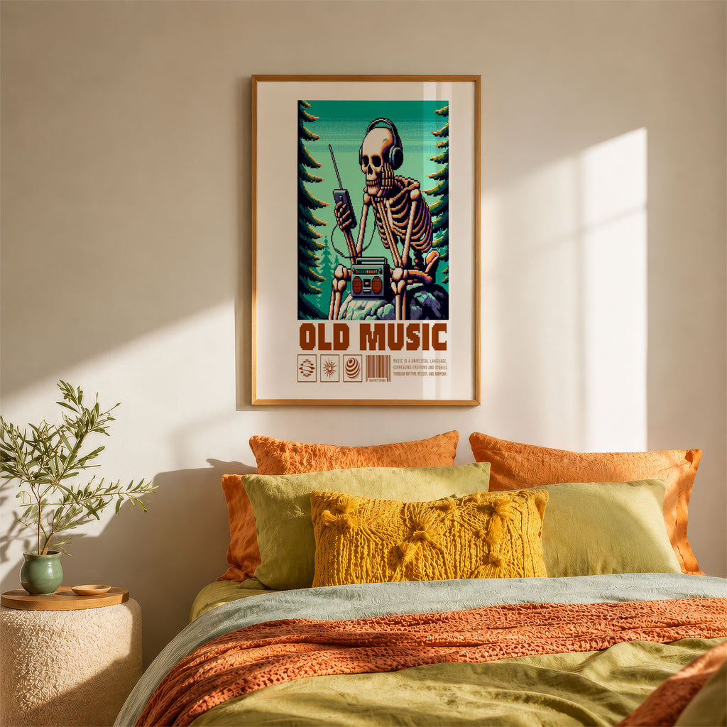 A4 Bedroom Poster - 8-bit style skeleton gaming in forest with geometric musical motifs