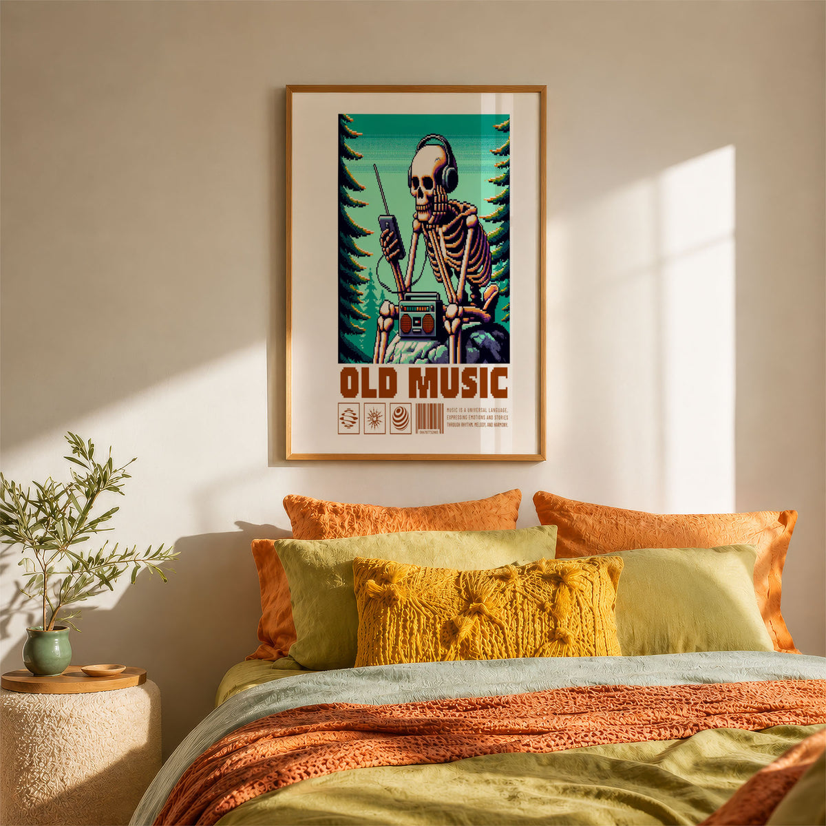 A4 Bedroom Poster - 8-bit style skeleton gaming in forest with geometric musical motifs