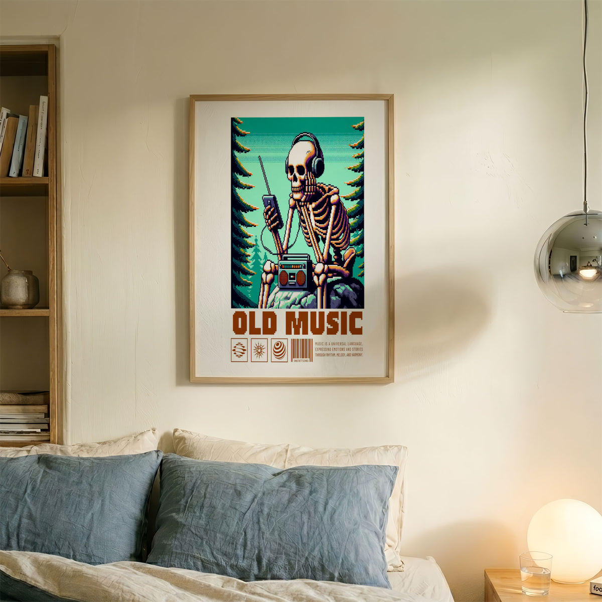 A4 Bedroom Poster - Pixel art gamer skeleton holding controller with nostalgic retro colour palette