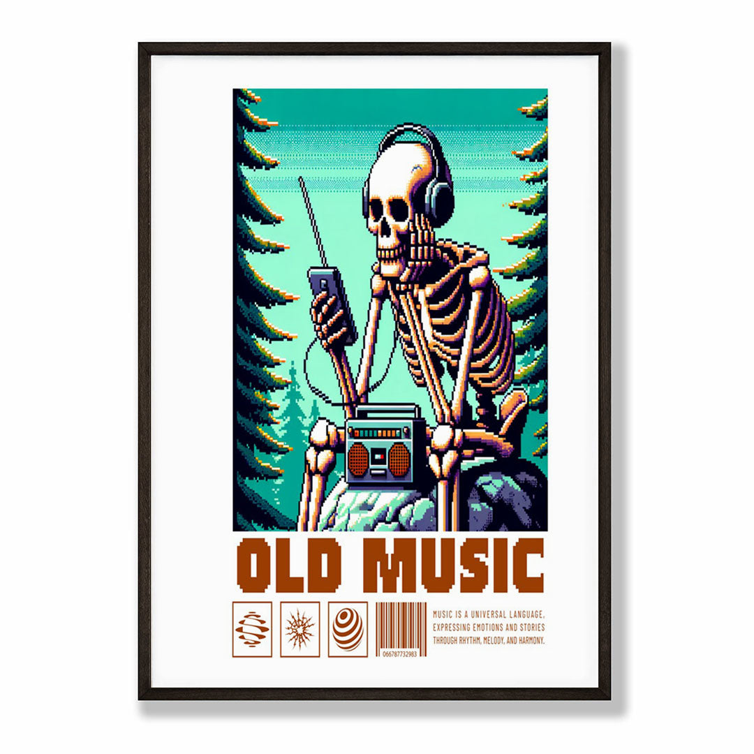 A4 Bedroom Poster - Skeleton in headphones gaming among trees, bold turquoise and gold tones
