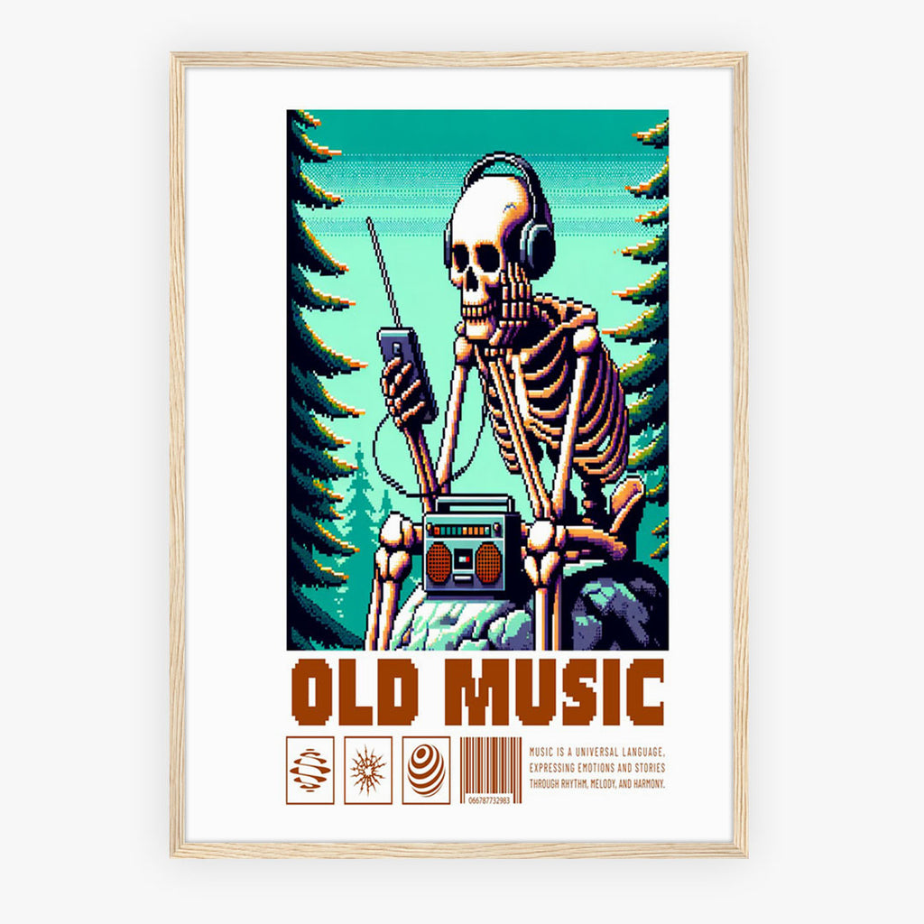 A4 Bedroom Poster - Vintage pixel art print with skeleton, headphones, gaming controller and pine trees