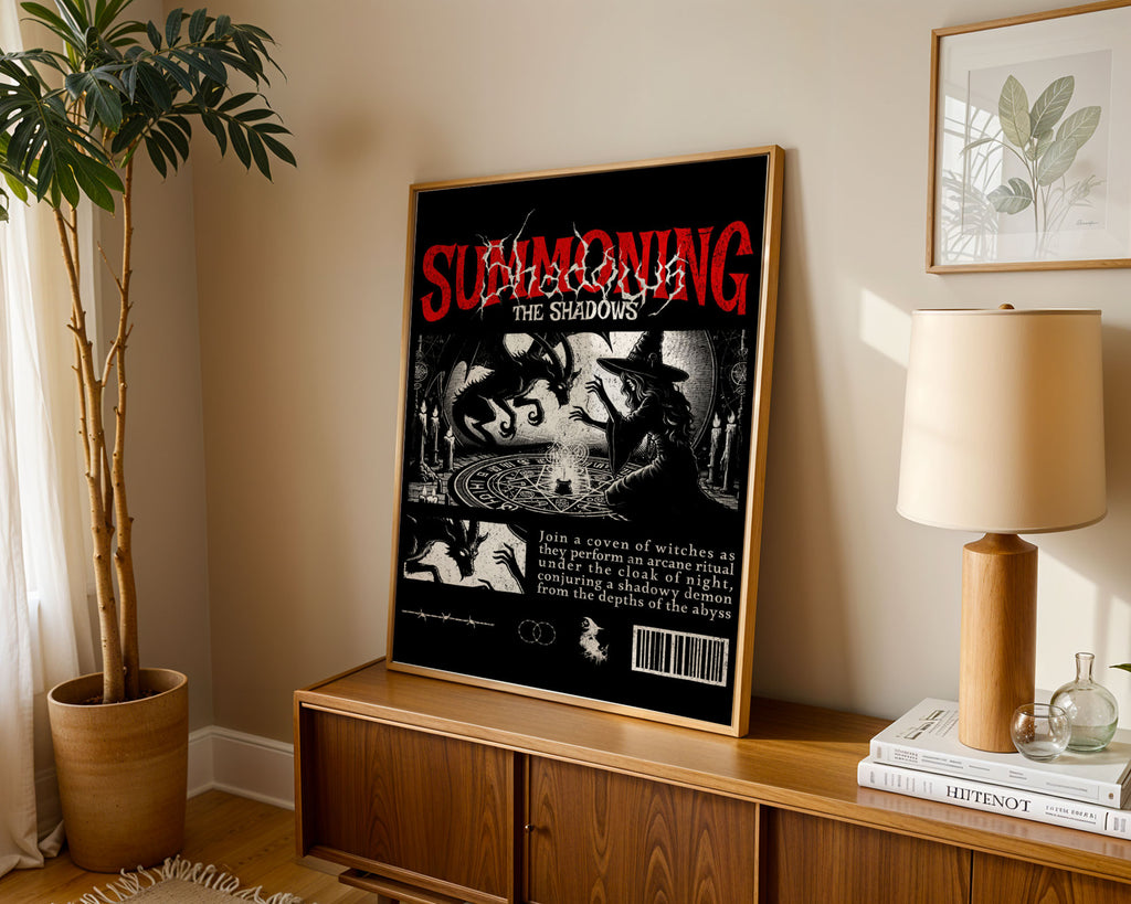 Lifestyle Poster A4 - Framed gothic summoning artwork in modern interior setting