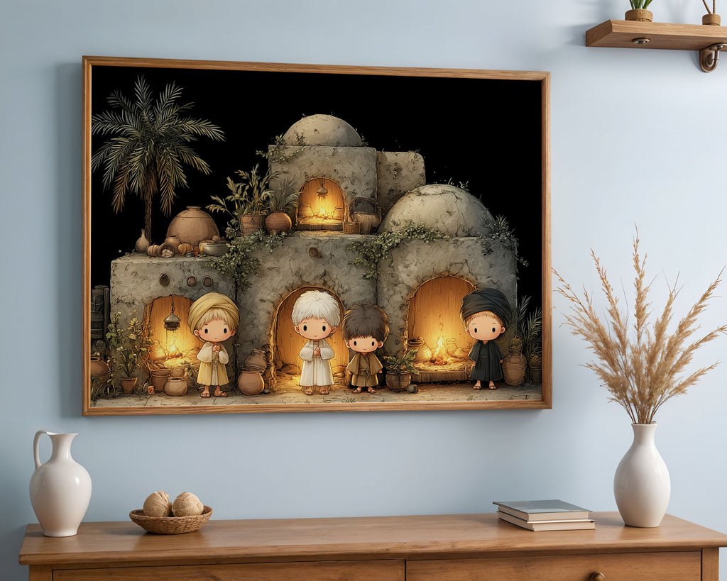 A-Sized Poster Landscape - Cosy desert village illustration with crackling fires and warm earth-tone colour palette