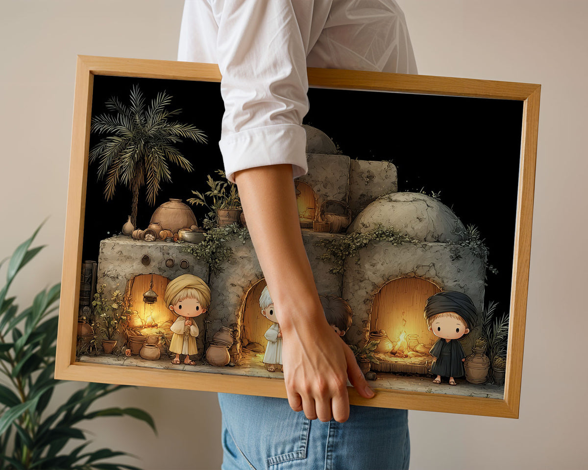A-Sized Poster Landscape - Whimsical storybook artwork depicting desert community with weathered stone buildings