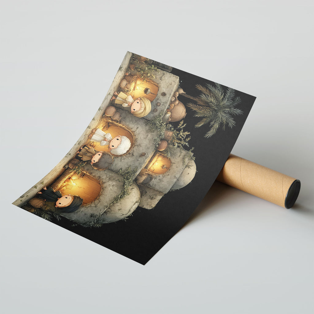 A-Sized Poster Landscape - Five figures in soft illustration style standing together in front of desert settlement