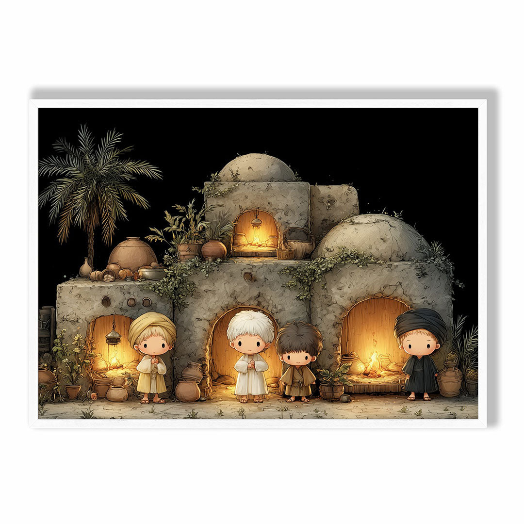 A-Sized Poster Landscape - Charming desert home scene with glowing doorways and climbing greenery on stone structures