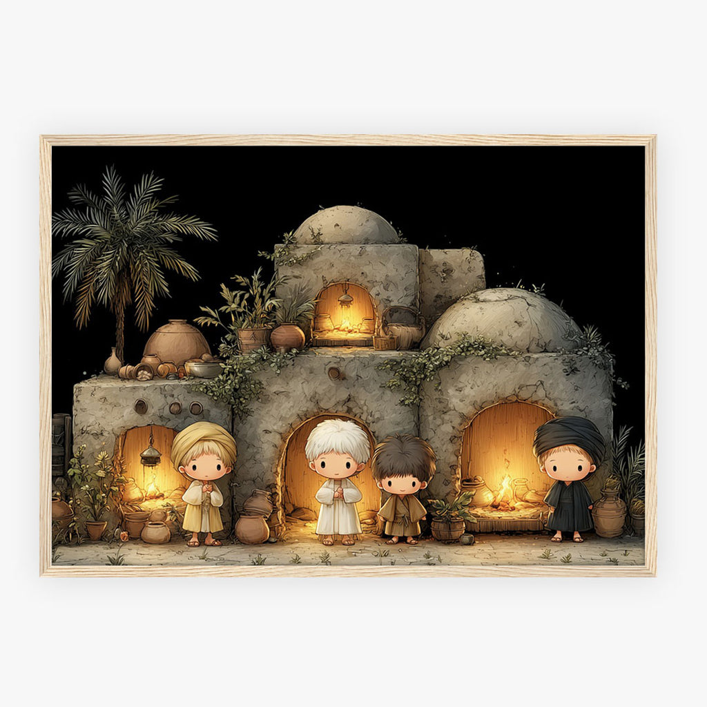 A-Sized Poster Landscape - Warm illustration artwork featuring desert architecture, characters and golden firelight ambiance
