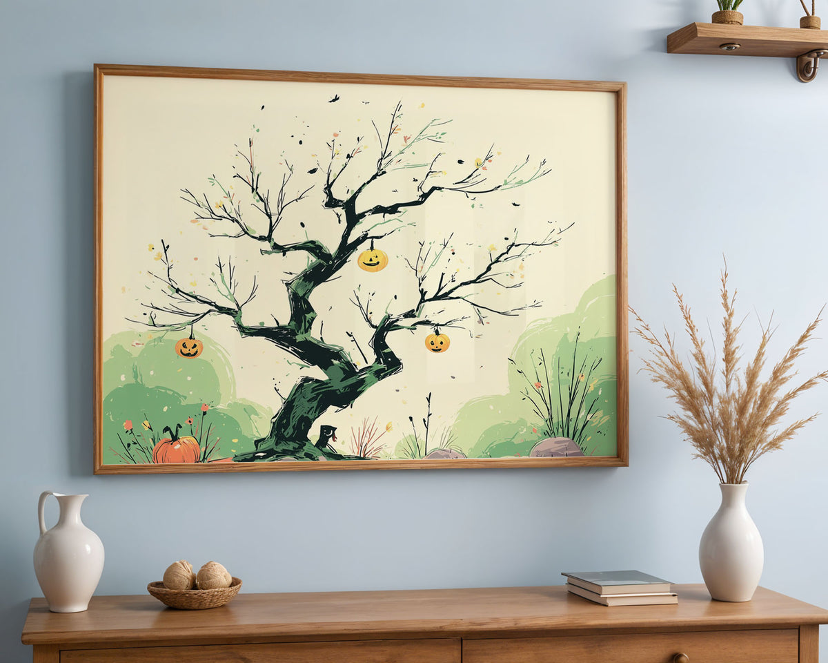 A-Sized Poster Landscape - Atmospheric autumn tree artwork with hanging carved pumpkins and folklore style