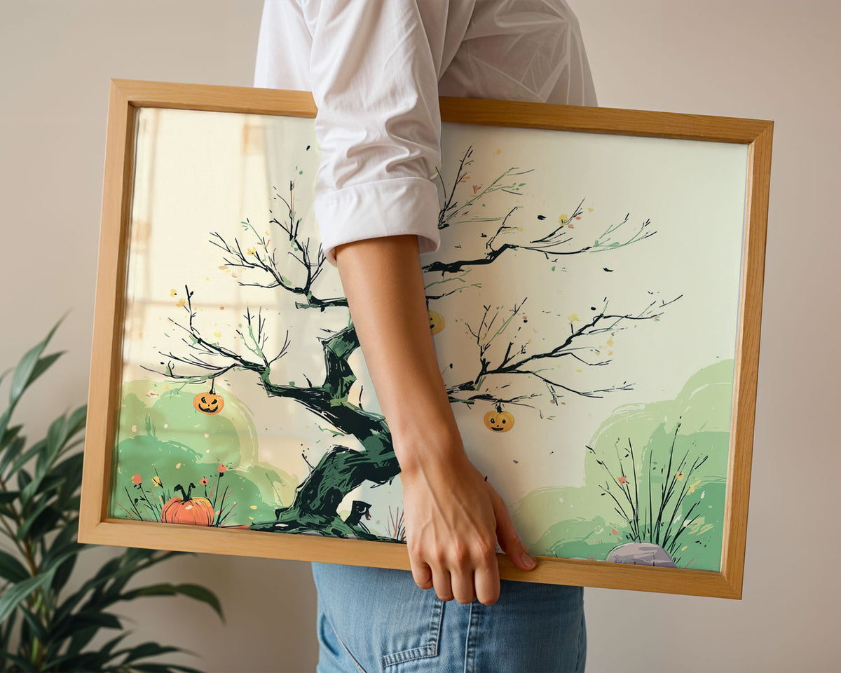 A-Sized Poster Landscape - Gentle Halloween art print featuring tree with smiling jack-o'-lanterns and foliage