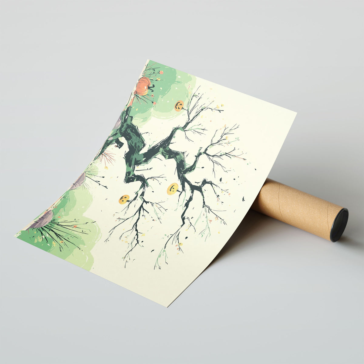A-Sized Poster Landscape - Seasonal tree illustration with suspended pumpkins on pale yellow background